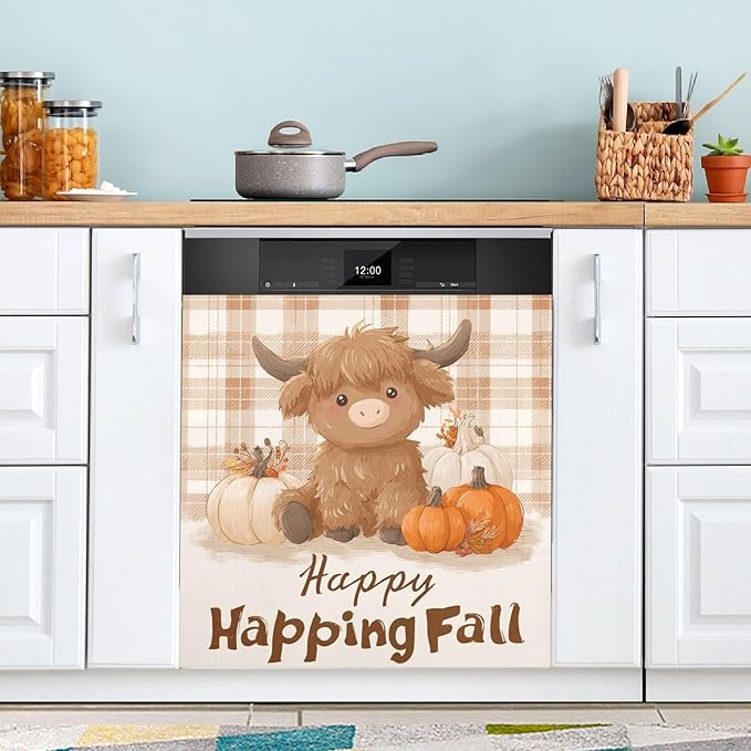 Fall Thanksgiving Cow Brown Dishwasher Magnet Cover for Front Panel Magnetic Dishwasher Cover Decorative Refrigerator Magnet Covers Appliances Stickers for Home Kitchen Decor, 23" x 26"