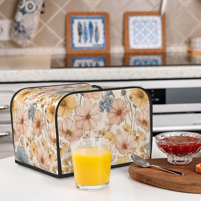 4 Slice Toaster Cover for Kitchen Flower Vintage Botanical Waterproof and Dustproof Toaster Dust Cover with Side Pockets Decorative Universal Cover for Wide Slot Toasters and Small Appliances