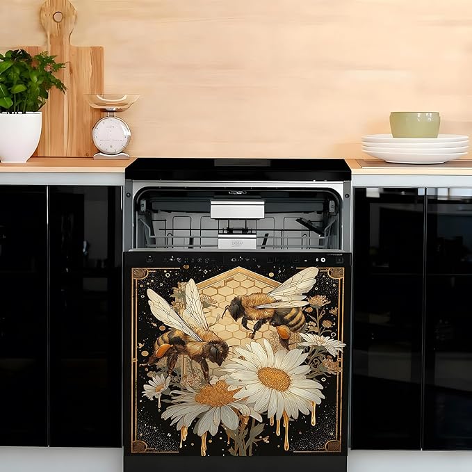 Dishwasher Magnet Cover, Creative Patterns Sticker, Dishwasher Magnetic Decoration, Refrigerator Protection Decoration, Bee and Flower, Kitchen Art Decoration 23x25.5 inches