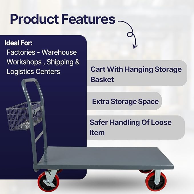 Flatbed Platform Cart 3300LB Industrial Dolly Cart Heavy Duty 48” x 24” Platform Hand Truck Push Cart Super Heavy Duty Diamond Plate Flatbed Cart 8'' Swivel Wheels Moving Cart w/Basket