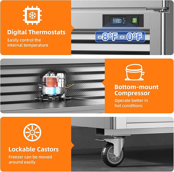 Coolski 54’’ Commercial Freezer with 2 Door, Stainless Steel Reach-in Freezer Upright with 49 Cu.Ft/8 Shelves, Two Section Fan Cooling Freezers for Restaurant Garage ETL NSF Approved