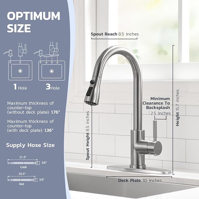 WEWE Kitchen Sink Faucet with Soap Dispenser, Lead-Free Kitchen Faucet with Pull Down Sprayer 3 Modes Stainless Steel Single Handle Single Hole Pull Out Brushed Nickel Faucet for Bar Laundry RV Sink