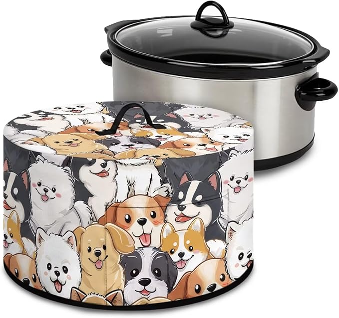 Cartoon Dogs Print Slow Cooker Cover with Storage Pocket Portable Stain Resistant Slow Cooker Cover for Kitchen Extra Accessories Fit 6/7/8 Quart Electric Oval Crock Pot
