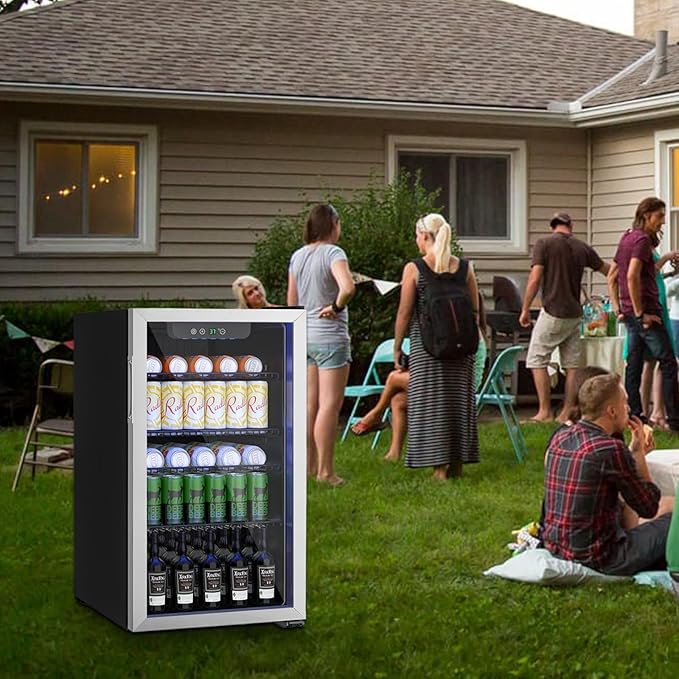 3.2 Cu.ft Beverage Refrigerator Cooler, 126 Can Mini Fridge with Glass Reversible Door, Digital Temperature Display for Soda, Beer or Wine For Office Bar with Adjustable Removable Shelves