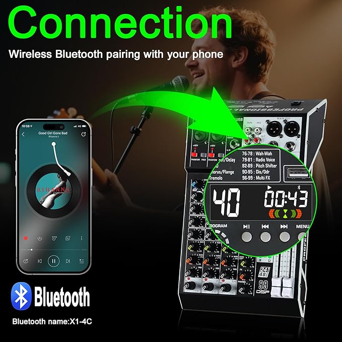 Audio Mixer 4 Channel Professional Sound Mixer Console with 99 DSP Effects, Small Mixing Board DJ Mixer w/USB, Bluetooth, 48V Power Supply, PAD Button for Recording Karaoke PA Drum Live Music