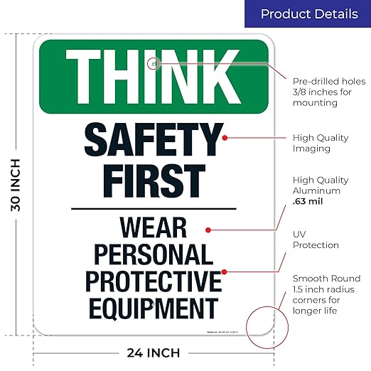 Think Safety First Wear Personal Protective Equipment Sign, 24x30 Inches, Rust Free .063 Aluminum, Fade Resistant, Made in USA