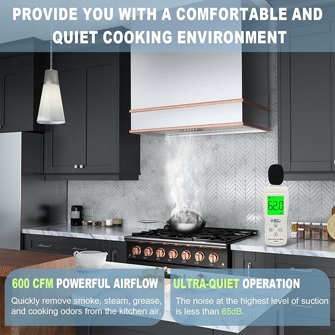 Akicon Range Hood 30 Inch, Stainless Steel Ducted Kitchen Hood with Powerful Motor, Wall Mount Modern Box, 30W X 30H X 14D Inch, AK-HS30HA-BSC (30 Inch, Brushed Stainless with Copper)
