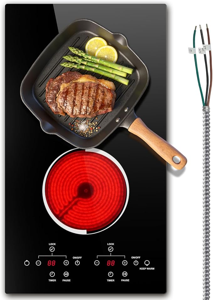2 Burner Electric Cooktop with Hardwire 12 Inch, 240V Built in 3000W Ceramic Cooktop, Double Burner Electric Stove, Touch Control, Safety Lock, 9 Heating Levels, 99Mins Timer, Overheat Protection