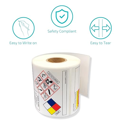 SDS OSHA Data Labels for Chemical Safety 4 x 3 Inches | Perforated Roll of 250 MSDS Stickers with GHS Pictograms & Easy Separating | HMIS & Hazard Compliant | for Secondary Containers