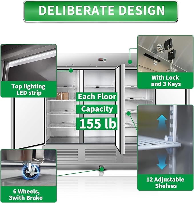 81"W Commercial Reach-in Upright Freezer - Low Noise & Energy Saving, Stainless Steel Freezer, 12 Adjustable Shelves, LED Lighting, 72 Cu.ft, Automatic defrost, Digital Temperature Control