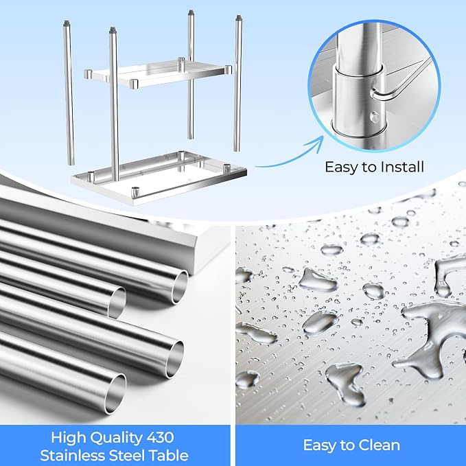 NUUK Stainless Steel Work Table 24" x 36", Commercial Kitchen Food Prep Table with Adjustable Height, Metal Countertop Utility Worktable for Restaurant, Home and Hotel
