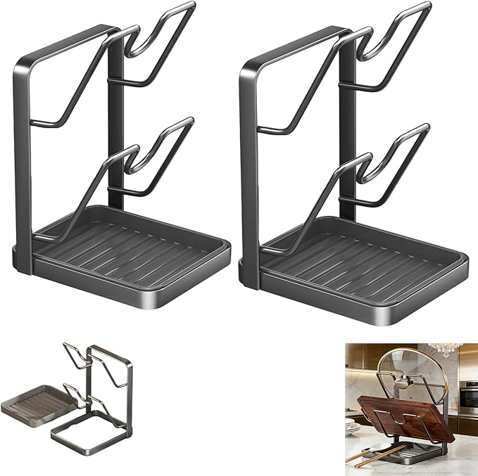 Kitchen Pot Lid Storage Rack, Multifunctional Stainless Steel Cookware Storage Rack With Removable Drip Tray, Space-saving kitchen Pot Lid Organizer, For Various Pot Lids (Grey, Double-Layer, 2PC)