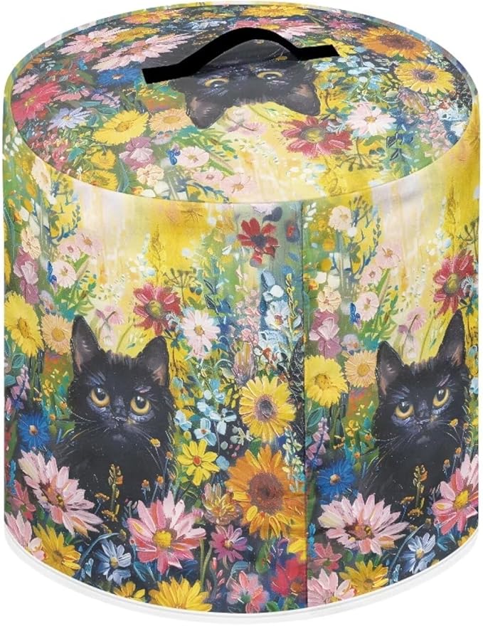 Xoenoiee Black Cat Vibrant Floral Print Kitchen Appliance Dust Cover with Pockets, Electric Pressure Cooker Cover for 6qt Compatible with Crock Pot, Rice Cooker Cover