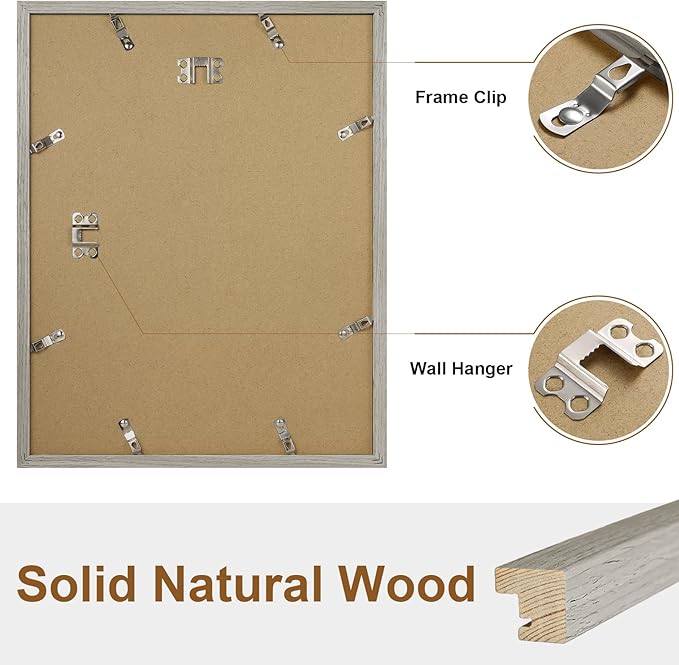 Vittanly 11x14 Picture Frame Set of 2, Solid Wood Frame for Wall Art Photo and Prints, Display Photo 8x10 with Mat or 11x14 without Mat, Grey