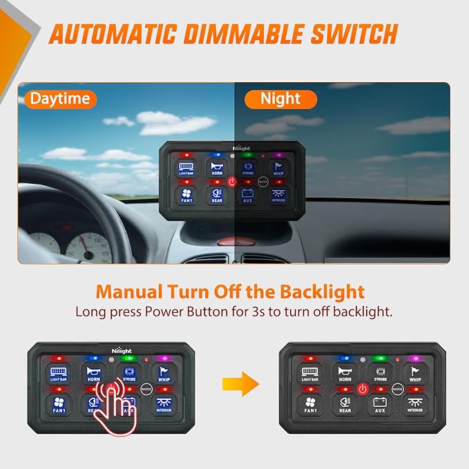 Nilight 8 Gang Switch Panel Blue Circuit Control Relay System with Fuse Wiring Harness Toggle Momentary Strobe Flash Modes Automatic Dimmable ON Off Pod 12V 24V for Car Truck Camper SUV