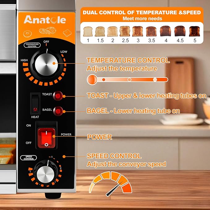 Anatole Commercial Conveyor Toaster 400 Slices/Hour Stainless Steel Electric Toaster Oven Heavy Duty 1700W for Bun Bagel Bread Waffle Coissant Buffet Restaurant Cafe Hotel