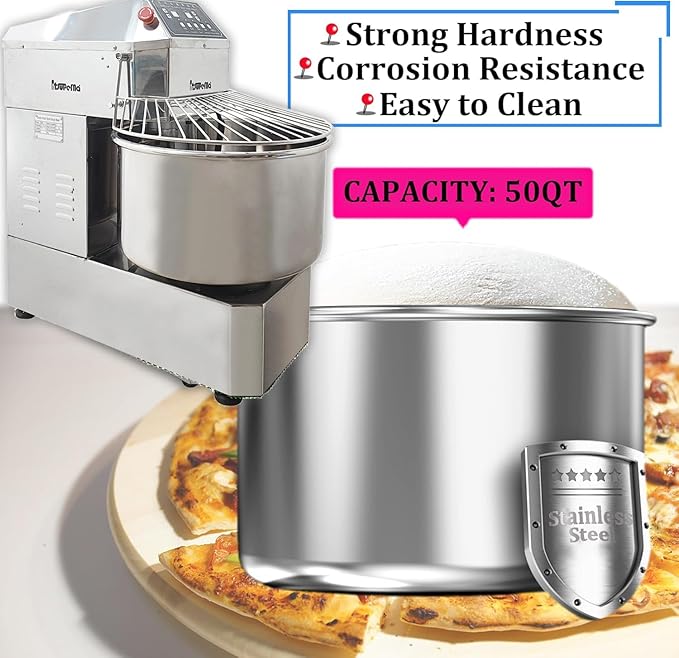 INTSUPERMAI Commercial Dough Mixer, 50QT Stand Flour Mixing Machine, Double Action Double Speed, with A Dough Cutter, 110V/2200W Electric Food Stand Spiral Mixer