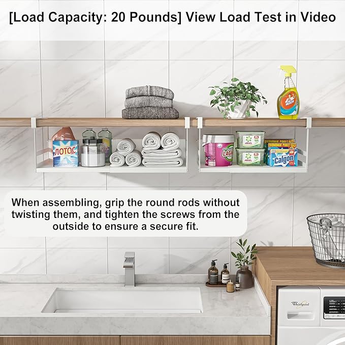 Expandable Under Cabinet Shelf Organizer with 0.94-Inch Thick Clips, Heavy Duty Extendable Under Shelf Storage Basket for Pantry or Laundry Room, White, 1 Pack, Interior: 5.7" H x 7.2" D