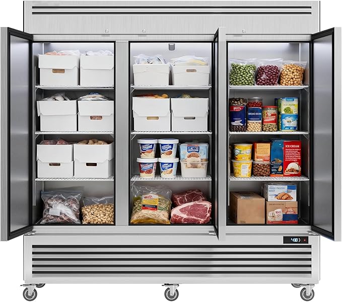 Coolake 82" Width Commercial Freezer 3 Solid Doors, 72 Cu.ft Stainless Steel Reach-in Upright Freezer with LED Lighting, Fan Cooling Freezer for Restaurant Bar Shop Hotel Kitchen Prep Area