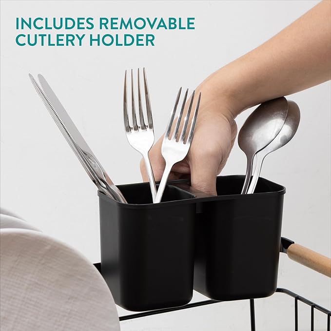 Navaris Expandable Dish Rack - Adjustable Draining Board for Drying Dishes - Removable Plates and Cutlery Holder - Kitchen Sink Washing Up Drainer with Plug and Drip Tray - Black