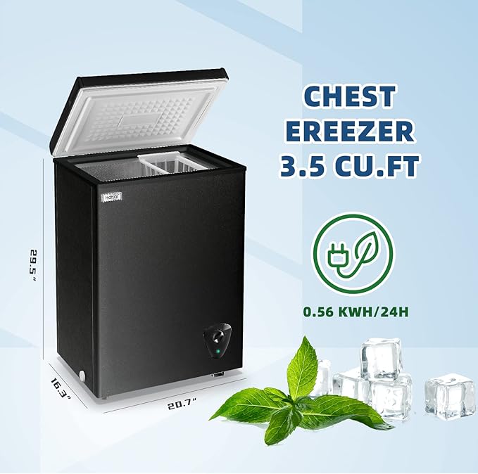 WANAI Chest Freezer 3.5 Cu.Ft Small Deep Top Door Mini with Removable Basket, Low Noise, 7 Adjustable Temperature and Energy Saving Perfect for Home Garage Basement Dorm or Apartment Black