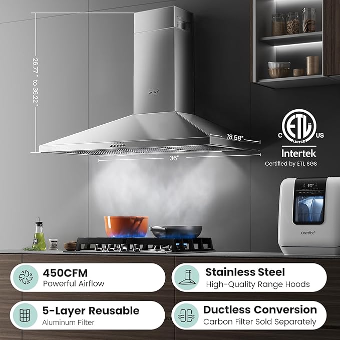 COMEEE' CVP36W6AST 36 Inch Ducted Pyramid Range 450 CFM Stainless Steel Wall Mount Vent Hood with 3 Speed Exhaust Fan, 5-Layer Aluminum Permanent Filters, Two LED Lights, Convertible to Ductless