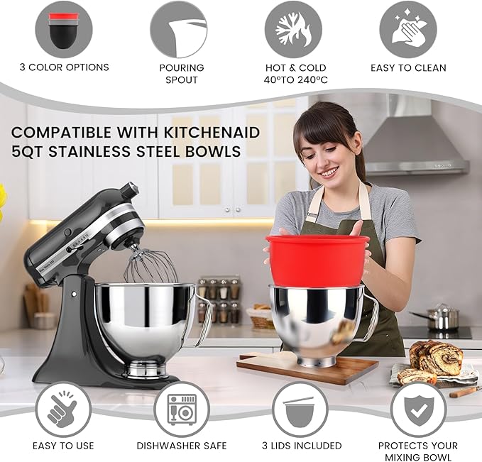Silicone Mixing Bowl Liners Attachments Compatible with 5 Quart KitchenAid Mixers, Includes 3 Liners and Lids, Dishwasher Safe