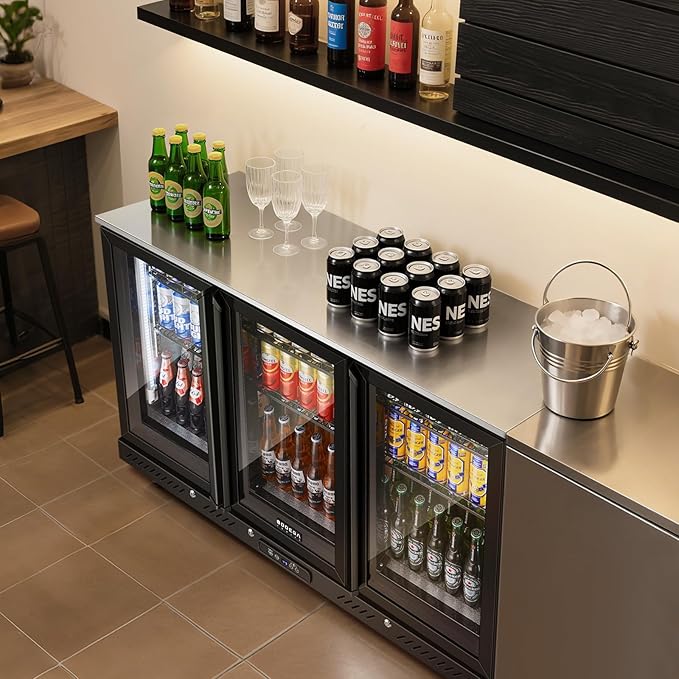 BODEGACOOLER Commercial Bar Cooler With 3 Glass Doors,12 Cu.Ft Counter Height Back Beverage Refrigerator,Display Bar Fridge with LED Lighting,Beverage Cooler for Beer Stainless Steel Top,With Casters