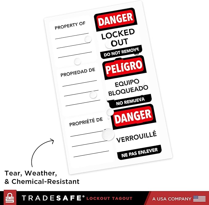 TRADESAFE Lockout Tagout Locks Label, Lock Out Tag Out Padlock Labels in English, Spanish, French, Danger Locked Out, Do Not Remove Loto Locks Stickers