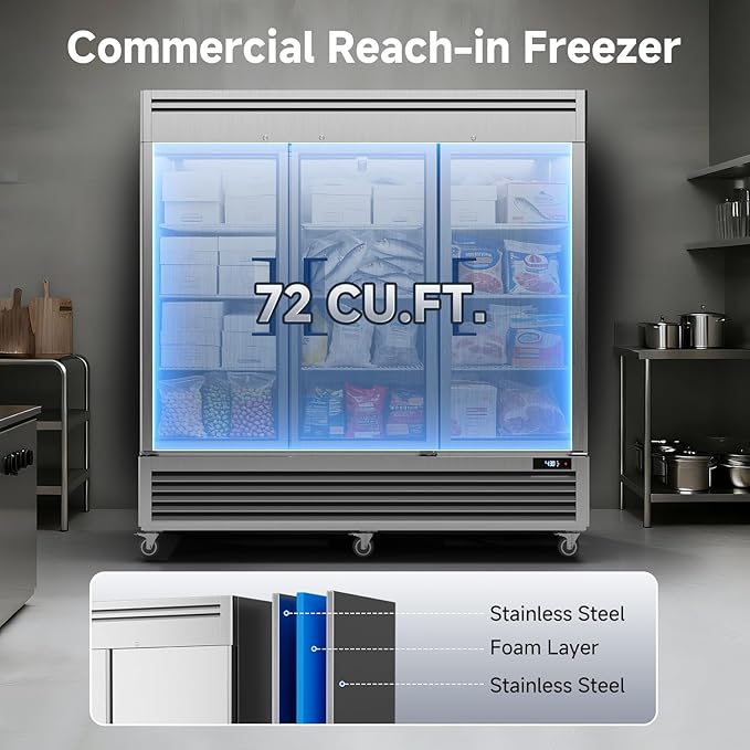 Coolake 82" Width Commercial Freezer 3 Solid Doors, 72 Cu.ft Stainless Steel Reach-in Upright Freezer with LED Lighting, Fan Cooling Freezer for Restaurant Bar Shop Hotel Kitchen Prep Area
