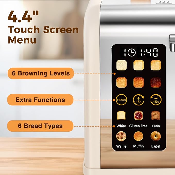 2 Slice Easy Touch Screen Toaster, Stainless Steel Toaster with Wide Slots, Even Toasting for Bagels & Bread, Reheat & Defrost, Removable Crumb Tray, Cream Color