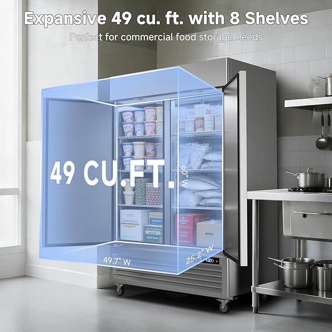 VEECOOL 54" W Commercial Reach in Freezer WiFi Enabled with Smart App Control, 49 Cu.Ft Fan Cooling Stainless Steel Solid Door Upright Freezer for Commercial Restaurant Cafe Kitchen Garage