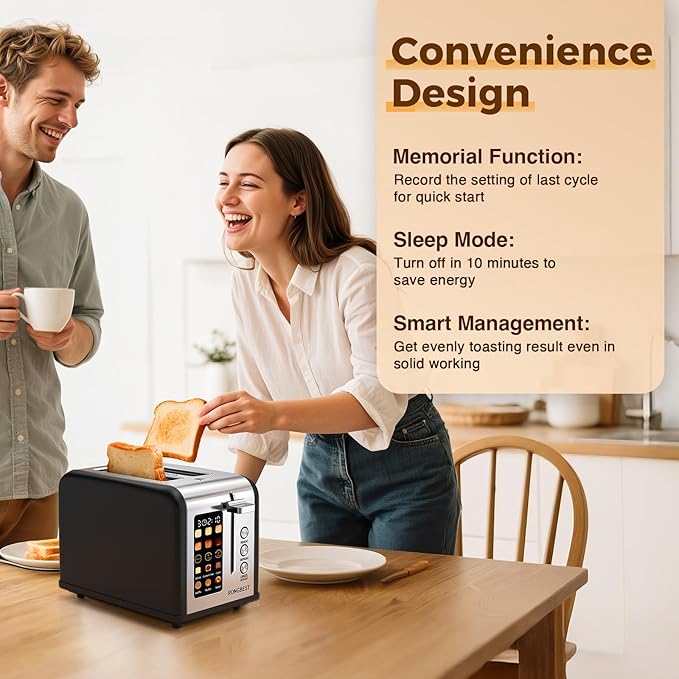 2 Slice Easy Touch Screen Toaster, Stainless Steel Toaster with Wide Slots, Even Toasting for Bagels & Bread, Reheat & Defrost, Removable Crumb Tray, Matt Black