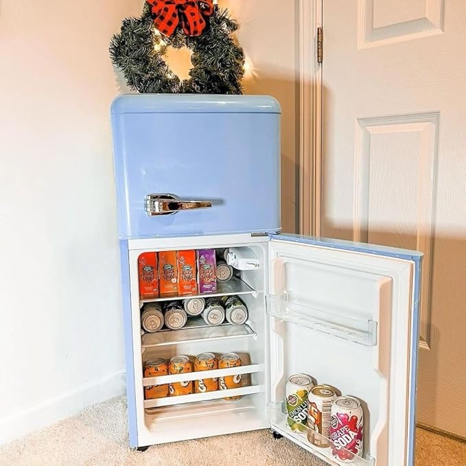 Anukis Compact Refrigerator with Freezer, 3.2 Cu.Ft 2 Door Mini Fridge for Apartment, Dorm, Office, Family, Basement, Garage - Retro Blue