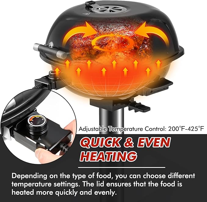 HAPPYGRILL 1600W Portable Electric Grill Outdoor BBQ Grill for 15-Serving, Electric Barbecue Grill for Indoor & Outdoor Use, Portable Stand BBQ Grill for Patio Balcony Kitchen Garden (Black)