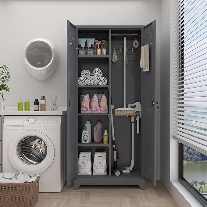 GREATMEET 72.8" H Utility Closet, Broom Closet Storage Cabinet with Adjustable Shelves and Pegboard, Utility Cabinet for Brooms and Mops, Grey