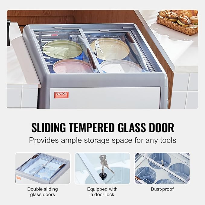 VEVOR Commercial Ice Cream Display Case, 5.6 Cu.ft Chest Freezer, Mobile Glass Top Deep Freezer, Restaurant Gelato Dipping Cabinet, 2 Sliding Glass Doors, Locking Casters, White