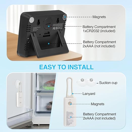 Geevon Digital Refrigerator Thermometer with Alarm, Low Battery Warning Icon, Max/Min Temperature LCD Display, Suitable for Domestic or Commercial Use Freezer Thermometer with Alarm