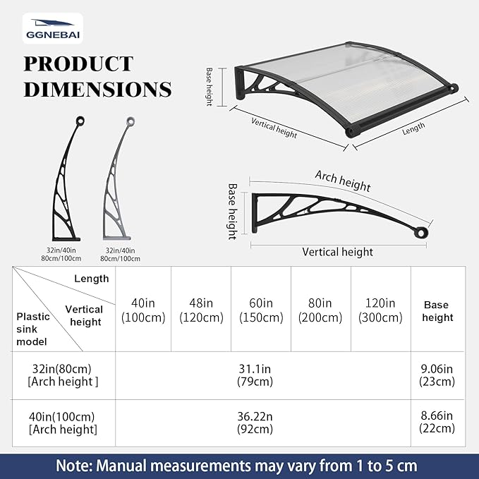 Awning for Door Entrance with Drainage Sink,40x48 Inch Awnings for Doors,Window Canopy Exterior with Plastic Steel Bracket,Polycarbonate Cover,UV,Rain,Snow Protection for House,Porch,Patio,Deck