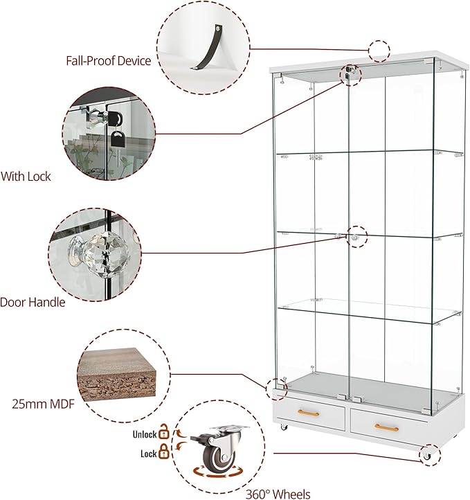 Yoluckea 4 Tier Glass Display Cabinet with LED Lighting and 2 Drawers, 2 Doors Floor Standing Curio Cabinet with Wheel for Home, Office, Corner Display, White Glass Bookshelf for Collections and Decor