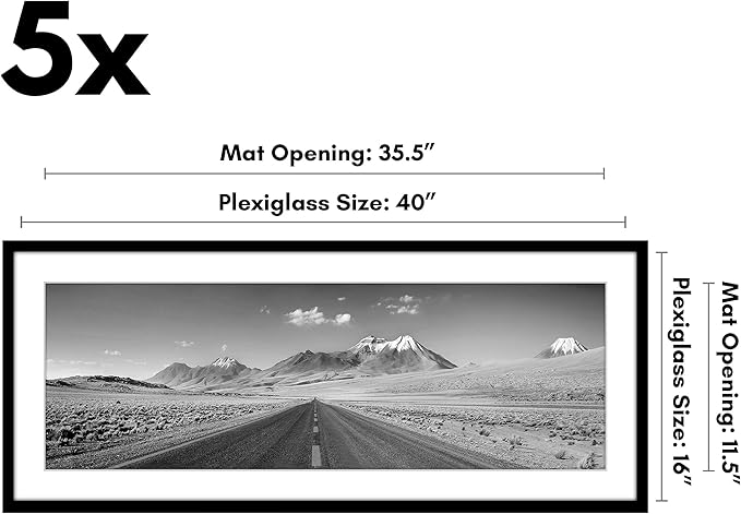 Americanflat 16x40 Picture Frame with Polished Plexiglass - Set of 5 - Use as 12x36 Frame with Mat or Display 16x40 Photo Without Mat - Galleria Collection - Picture Frames for Wall Display - Black