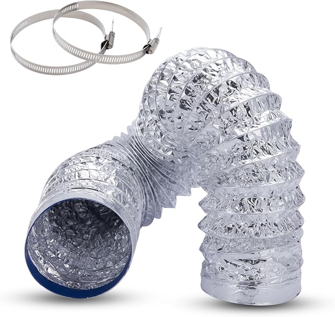 Dryer Vent Hose 4 Inch x 8FT - Flexible Aluminum Dryer Hose with 2 Clamps - Heavy-Duty 6-Layer Dryer Vent Hose for Tight Spaces, HVAC, Bathroom, and Kitchen Exhaust Ventilation