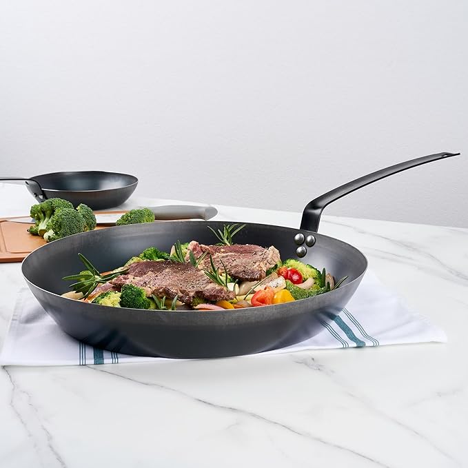 Restaurantware-Met Lux 16 Inch Fry Pan, 1 Lightweight Frying Pan - Induction-Ready, Triple-Riveted, Black Carbon Steel Cooking Skillet, Durable, For Searing, Sauteing, And Browning Food