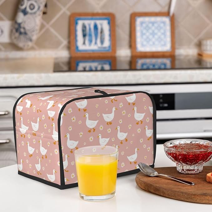 2 Slice Toaster Cover for Kitchen Goose Pattern Daisy Flower Waterproof and Dustproof Toaster Dust Cover with Side Pockets Decorative Universal Cover for Wide Slot Toasters and Small Appliances