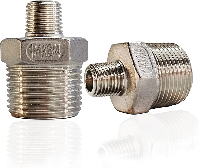 ZOUNI Reducing Hex Nipple, 304 Stainless Steel 3/4" NPT Male x 1/4" NPT Male Pipe Fitting Reducer Nipple Adapter 2000psi Reducer Straight Connector (2pcs, 3/4-1/4)