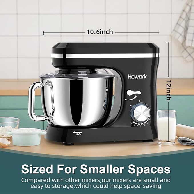 HOWORK Electric Stand Mixer,10+p Speeds Kitchen Mixer With 6.5QT Stainless Steel Bowl,Dough Hook, Wire Whip & Beater,for Most Home Cooks(Black)