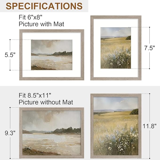 Vittanly 8.5x11 Picture Frame Set of 2, Solid Wood Frame for Wall or Tabletop, Display Photo 6x8 with Mat or 8.5x11 without Mat, Light Brown