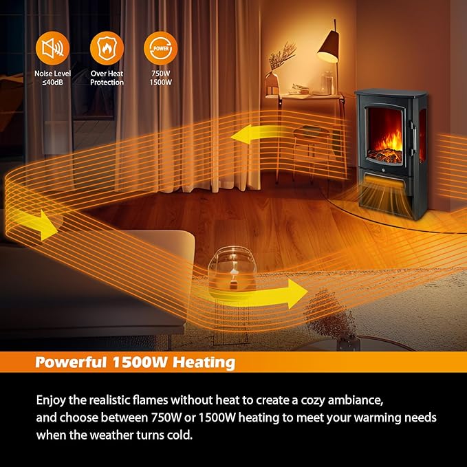 3 Panel Freestanding Electric Fireplace Stove, 1500W Heater with Realistic 3D LED Flame, Independent Flame & Heat, Adjustable Thermostat, Overheat Protection, Black Cast Iron Finish