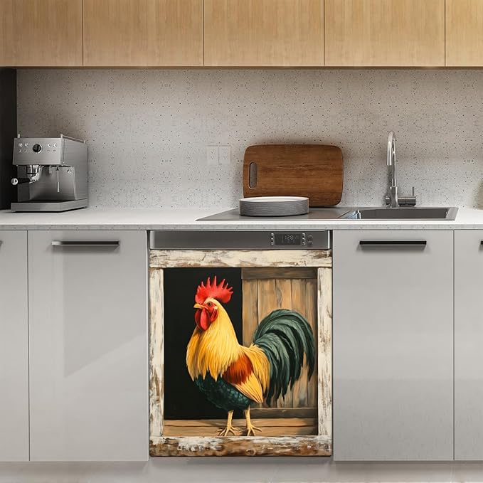 Animal Rooster Wooden Dishwasher Magnet Cover Front Dishwasher Cover Decor Reusable Magnetic Door Cover Panel Decal Home Appliances Stickers Kitchen Refrigerator Fridge 23"x26"