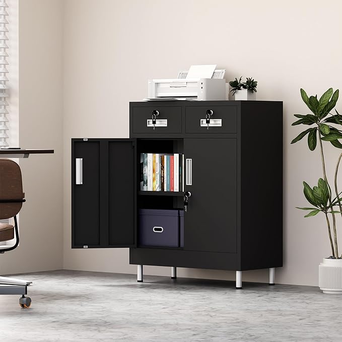 Metal Storage Cabinet with Locking Doors and 2 Drawers, Lockable Storage Cabinet with Adjustable Shelf for Home Office Garage Entryway Pantry (Black)
